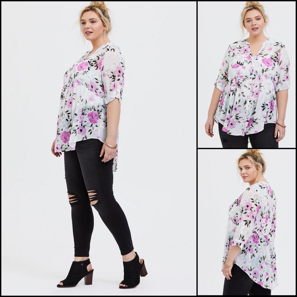 TORRID Pink Rose Floral Chiffon High Low Babydoll Blouse